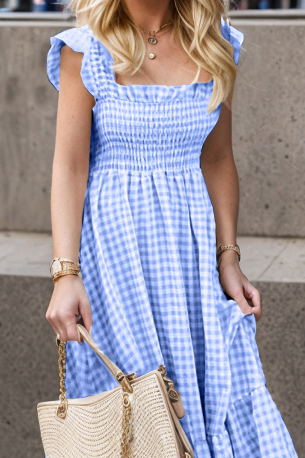 Smocked Ruffled Plaid Ruffle Hem Dress