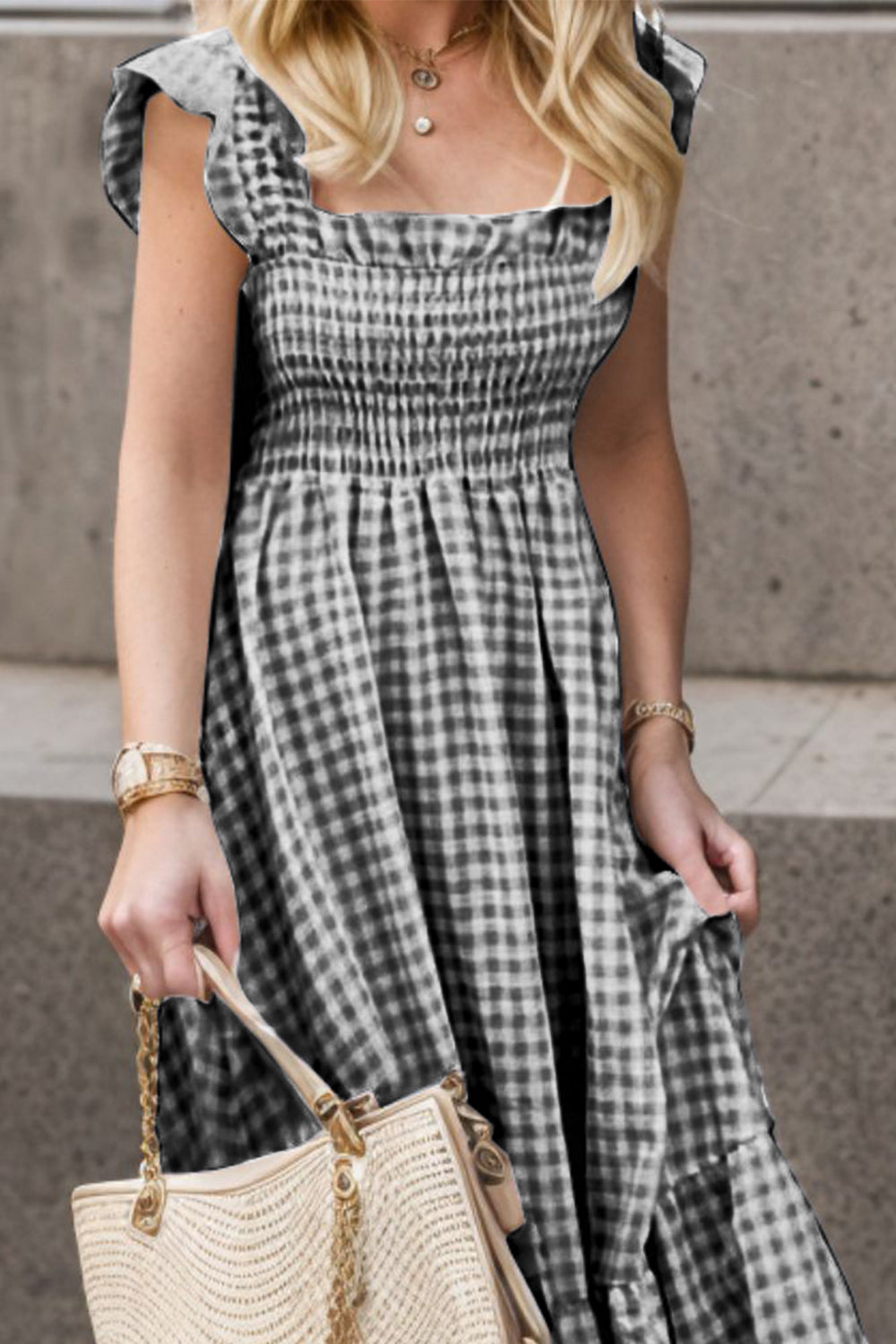 Smocked Ruffled Plaid Ruffle Hem Dress