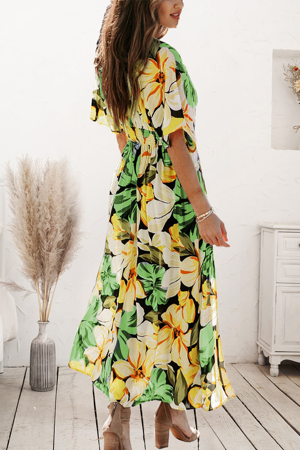 Plunge Printed Split Midi Dress