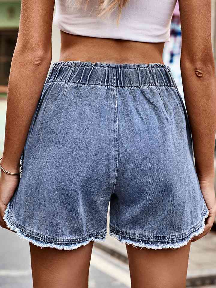 Frayed Hem Elastic Waist Denim Shorts