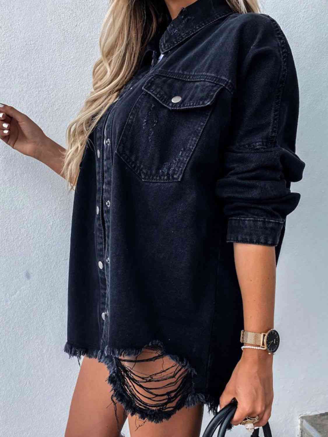 Frayed Hem Long Sleeve Denim Shirt