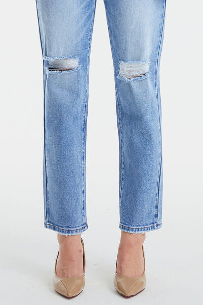 High Waist Distressed Cat's Whiskers Washed Straight Jeans