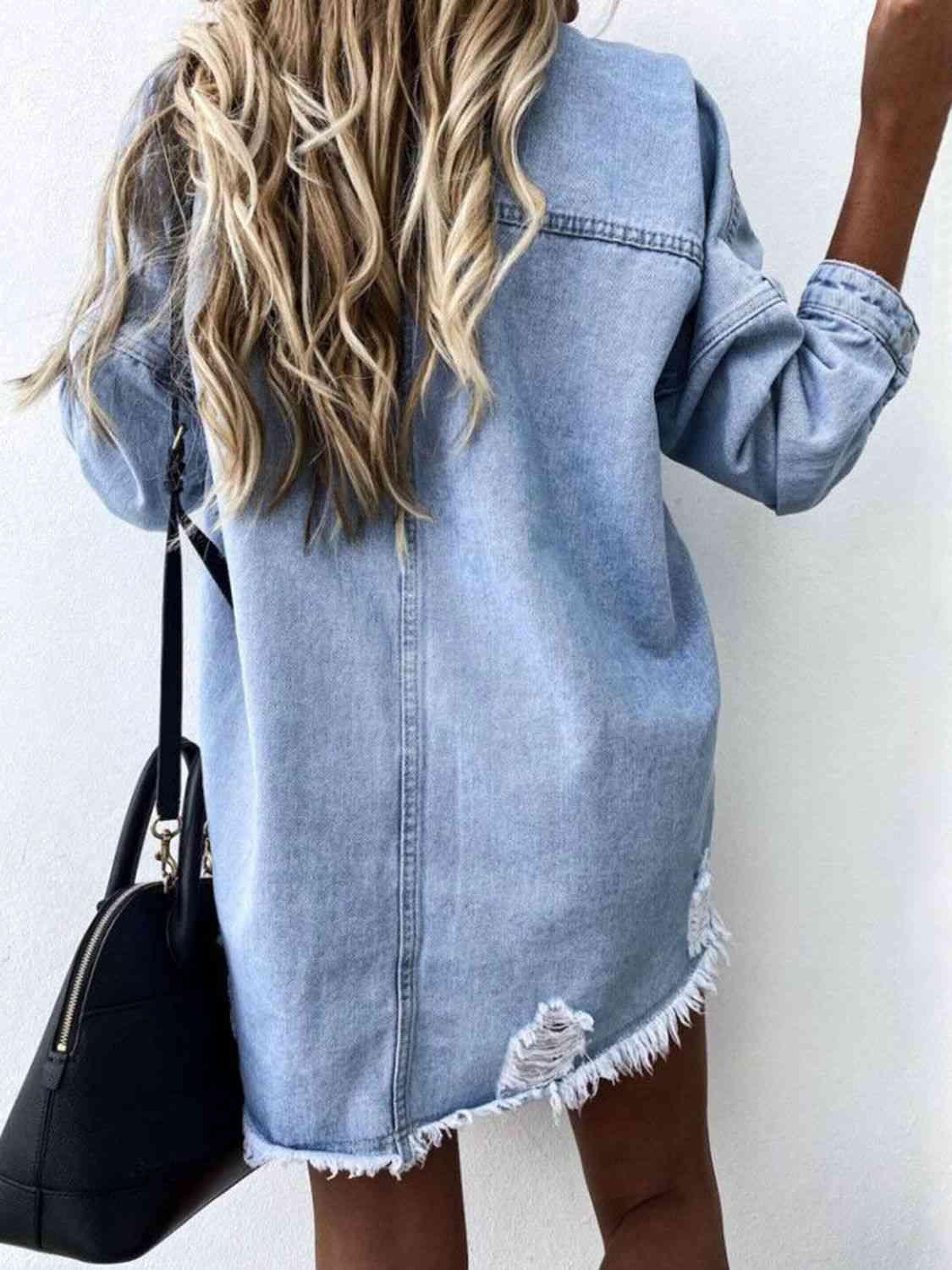 Frayed Hem Long Sleeve Denim Shirt