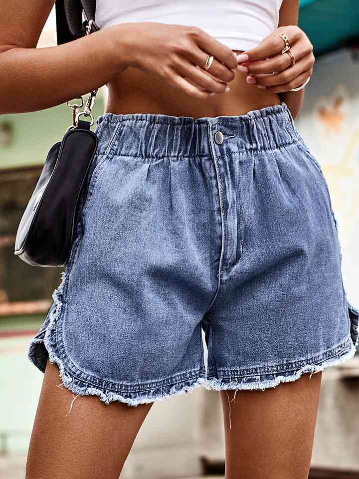 Frayed Hem Elastic Waist Denim Shorts