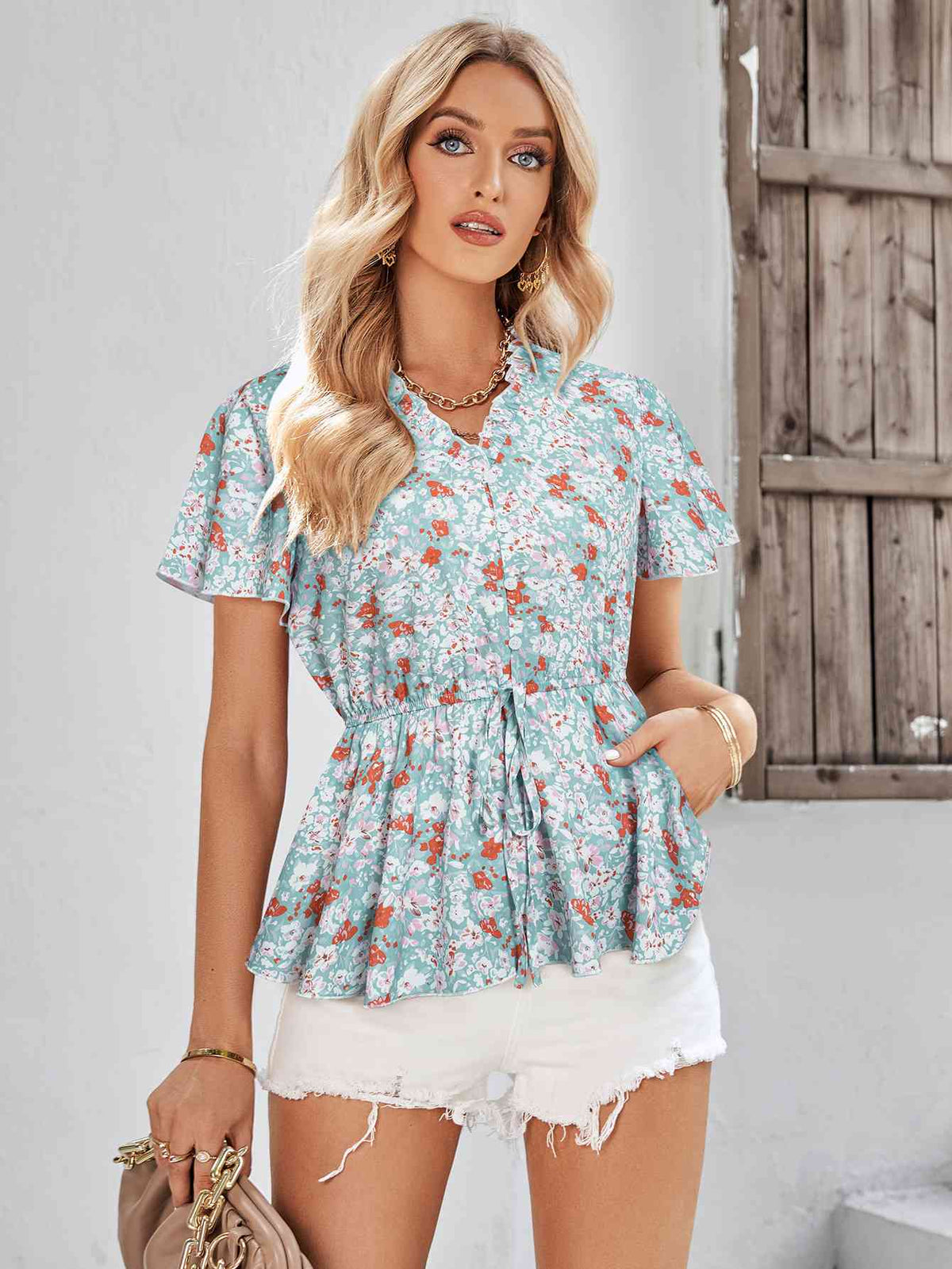 Floral Flutter Sleeve Peplum Blouse