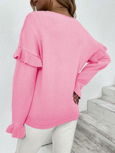 Ruffled V-Neck Dropped Shoulder Sweater