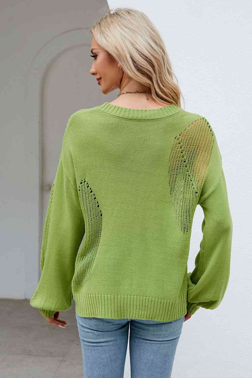 Openwork Round Neck Dropped Shoulder Knit Top