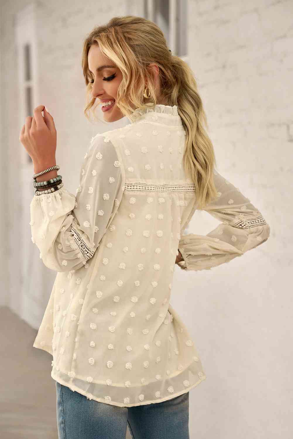 Swiss Dot Frilled Notched Neck Blouse