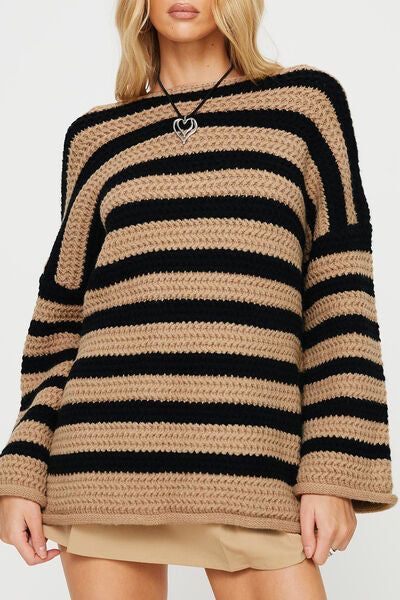 Striped Round Neck Dropped Shoulder Sweater