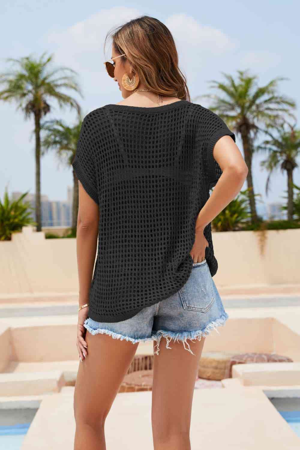 Round Neck Openwork Knit Top