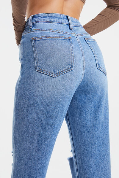 High Waist Distressed Cat's Whiskers Washed Straight Jeans