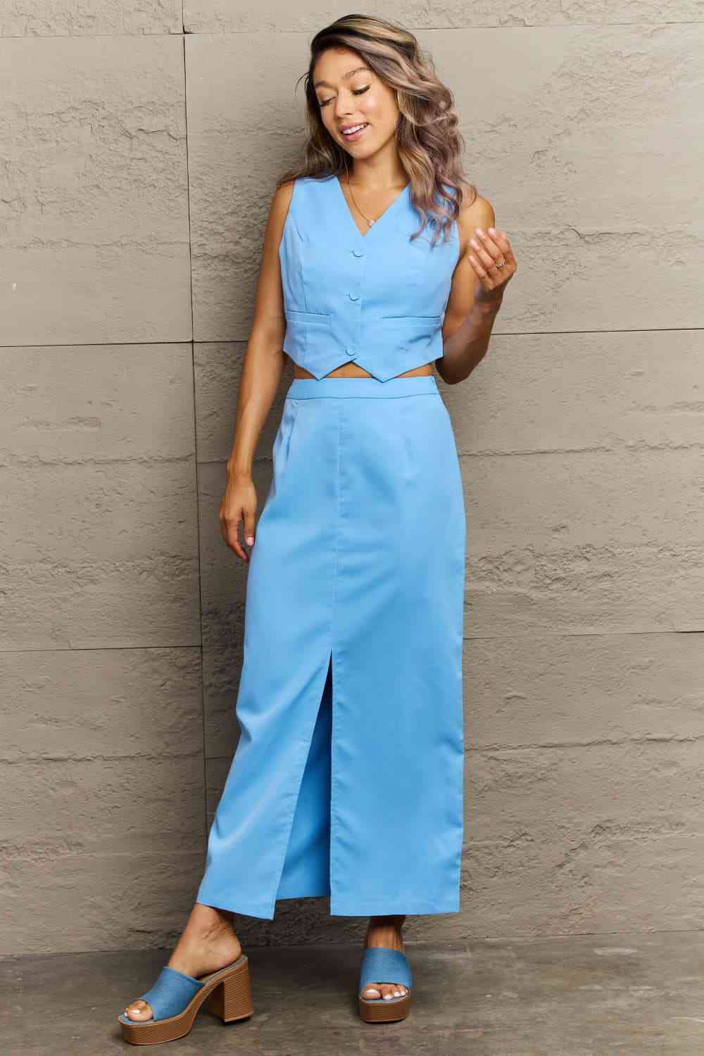 V-Neck Vest and Slit Maxi Skirt Set