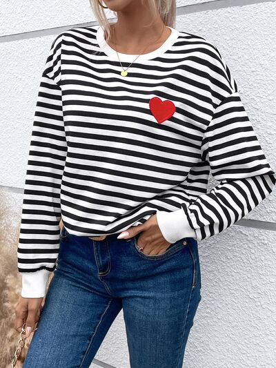 Heart Patch Striped Round Neck Sweatshirt