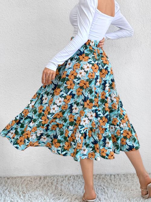 Printed Ruffle Hem Midi Skirt