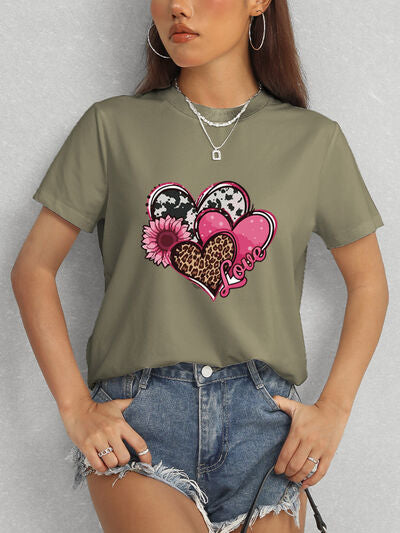 Heart Round Neck Short Sleeve T-Shirt