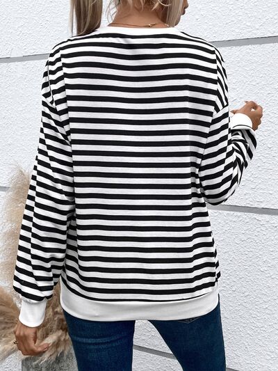 Heart Patch Striped Round Neck Sweatshirt