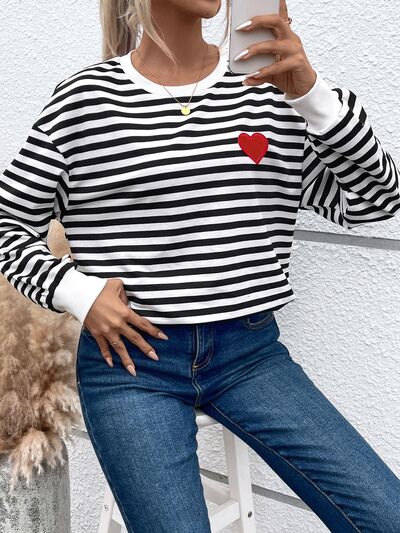 Heart Patch Striped Round Neck Sweatshirt