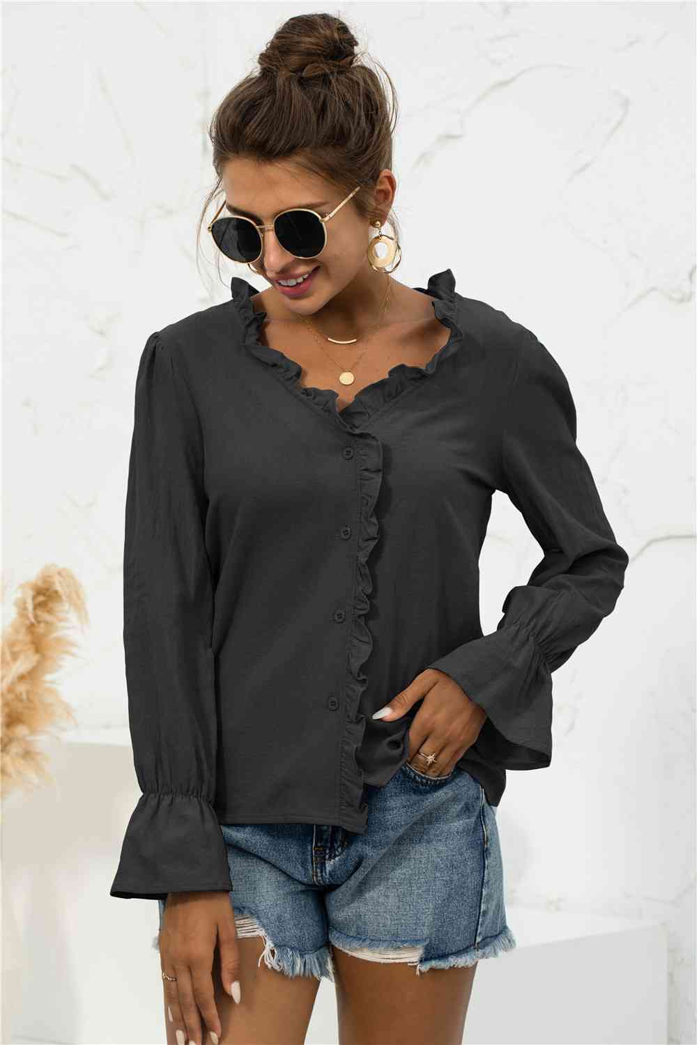 Frill Trim V-Neck Flounce Sleeve Shirt