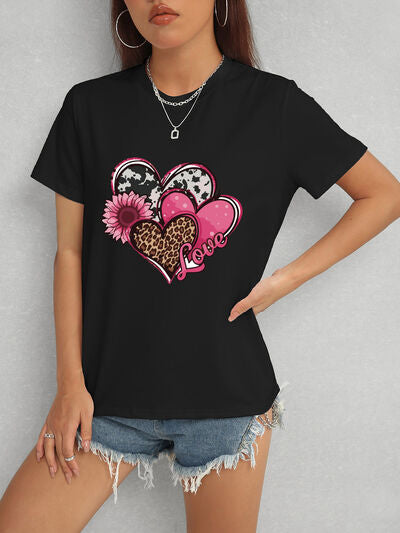 Heart Round Neck Short Sleeve T-Shirt